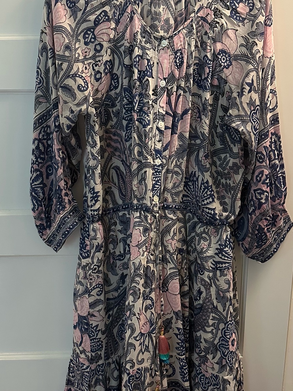 Bohemian Floral Paisley Maxi Dress in Navy and Light Pink